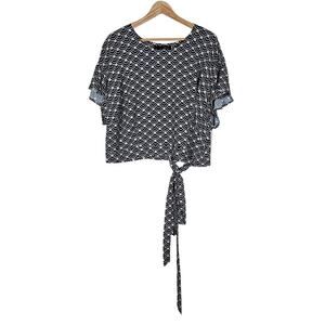 Eloquii Womens Top 18 Plus Size Black White Scallop Print Short Sleeve Tie Hem